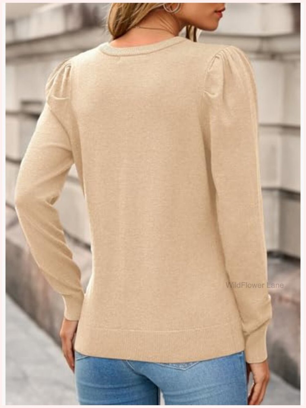Crewneck Puff Sleeve Lightweight Wool Blend Pullover Jumper - Picture 3 of 7